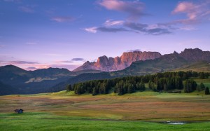 meadow, wooden cabin, mountains, landscape, nature, sunset, forest, sky