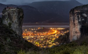 night, view, kalambaka, city, meteora, greece, landscape, nature
