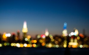 bokeh, city, skyline, evening, lights
