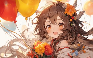 anime, art, balloons, cartoon, cute, drawing, face, female, flowers, girl, happy, illustration, japanese, person, portrait, pretty, smile, woman, young, people