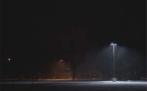 walkway, trees, night, park, lamp post, light, dark, evening, illuminated, street light, outdoors, road, city, street, snowing