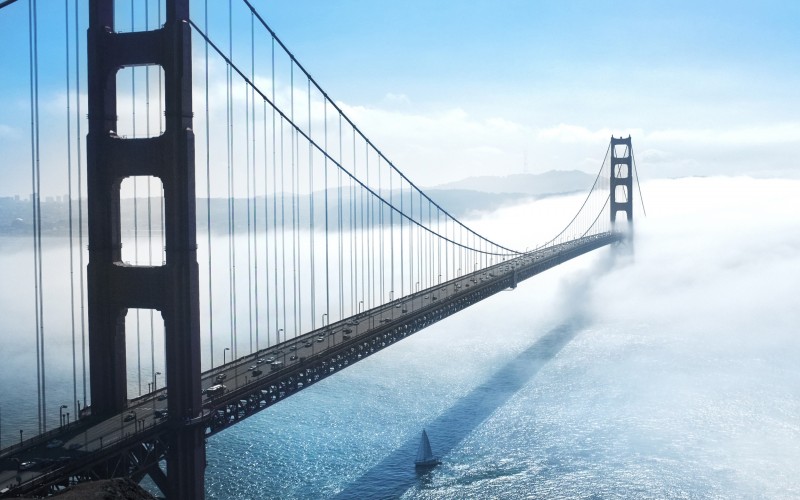 water, architecture, city, fog, bridge, landscape, cityscape, traffic, road