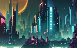 art, night, cyberpunk, city, technology, painting