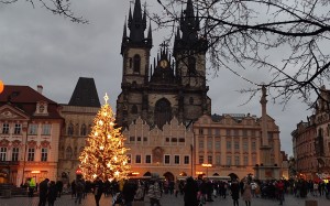 christmas tree, towers, facade, city, dusk, winter, architecture, evening, street, pedestrians, christmas decoration, conifer, turret, holidays, square, church, fir, christmas, xmas, new year, pine