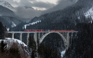 train, langwieser viaduct, langwies, switzerland, landscape, nature, vehicles, railroad, winter, mountains, forest