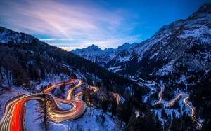 maloja pass, blue hour, road, mountains, winter, snow, evening