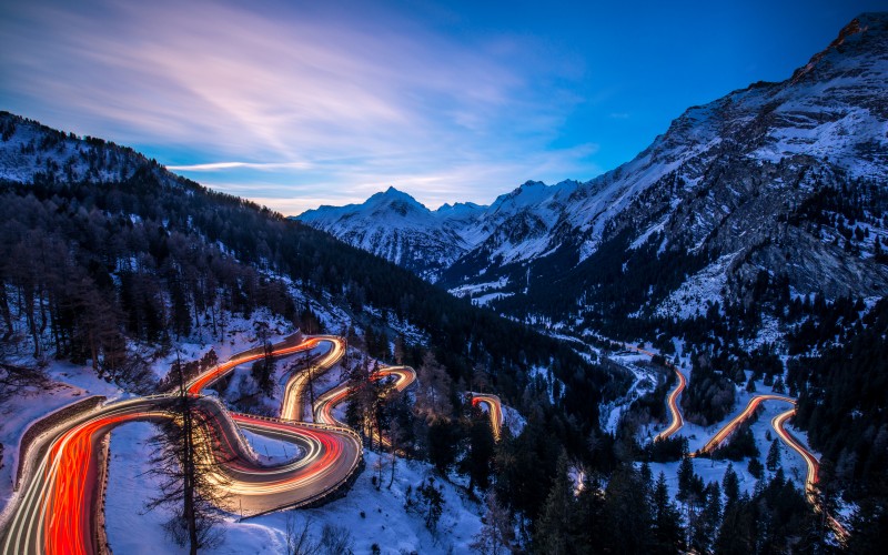 maloja pass, blue hour, road, mountains, winter, snow, evening