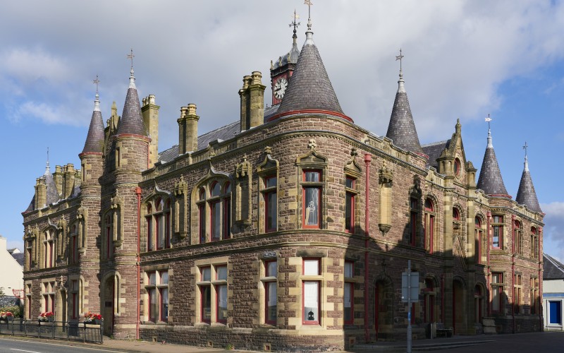 outer hebrides, stornoway town hall, palace, tower, architecture, historic, history, monument, mansion
