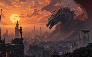 cyberpunk, city, sunset, sci-fi, giant, dragon, yoshitaka amano, hiroya oku, tsutomu nihei, concept art, game art, video games