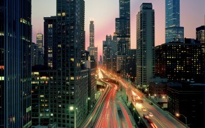 city, skyline, traffic trails, buildings, architecture, dusk, illuminated, skyscrapers, light trails, highway, dynamic, evening, movement, urban, landscape, cityscape