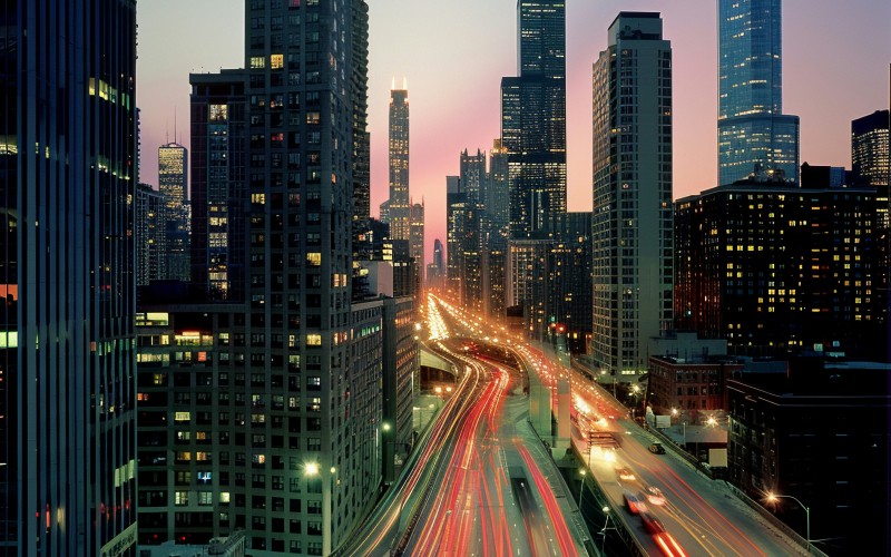 city, skyline, traffic trails, buildings, architecture, dusk, illuminated, skyscrapers, light trails, highway, dynamic, evening, movement, urban, landscape, cityscape