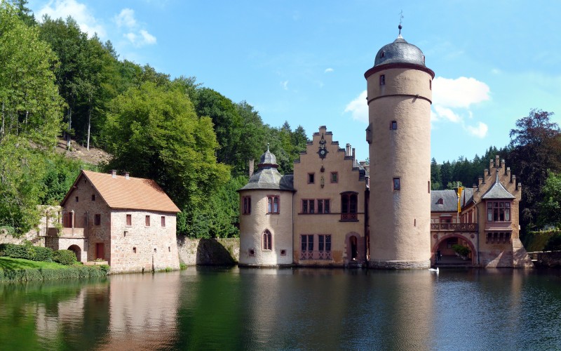 architecture, castle, palace, historic, old, landscape, mespelbrunn castle, lake